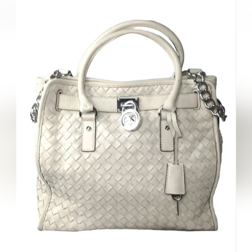 Michael Kors Woven Leather Hamilton Tote Large Handbag Off-White Ivory MSRP $498